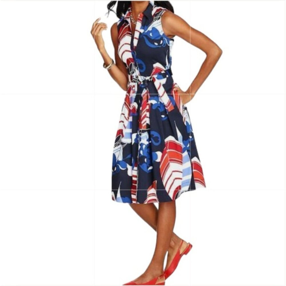 Talbots Nautical Print Belted Button Down Dress 2… - image 1